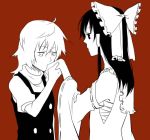  hakurei_reimu hand_kiss hands holding_hands kirisame_marisa kiss kuroda_(artist) monochrome multiple_girls red_background sarashi simple_background touhou 