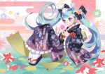  aqua_hair bf&#039;s_ok_farm bf._(sogogiching) blue_eyes egasumi flower hair_flower hair_ornament hair_ribbon hatsune_miku japanese_clothes kimono long_hair ribbon smile solo twintails very_long_hair vocaloid 