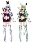 aoshima bare_shoulders belt blue_hair boots bow breasts brown_eyes cleavage curvy dual_persona ex-keine green_hair hat highres hips horn_ribbon horns kamishirasawa_keine large_breasts long_hair midriff miniskirt navel red_eyes ribbon skirt smile string thigh-highs thigh_boots thighhighs thighs touhou very_long_hair zettai_ryouiki 
