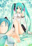  absurdres aqua_eyes aqua_hair bad_id barefoot bridal_gauntlets elbow_gloves feet fingerless_gloves gloves hachune_miku hatsune_miku hatsune_miku_(append) highres long_hair miku_append necktie oikawa_tsubame smile soles solo twintails very_long_hair vocaloid vocaloid_append 