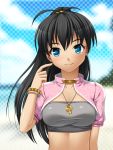  antenna_hair bandeau beach black_hair blue_eyes blush bracelet crop_top fujimiya_yuu ganaha_hibiki idolmaster jewelry midriff necklace smile solo tubetop 