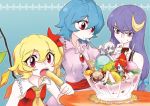  blue_eyes blue_hair braid chibi china_dress chinese_clothes crescent crescent_moon flandre_scarlet food fruit hong_meiling ice_cream in_food izayoi_sakuya long_hair maid maid_headdress minigirl multiple_girls patchouli_knowledge ponytail popsicle purple_eyes purple_hair red_eyes red_hair redhead remilia_scarlet short_hair side_ponytail silver_hair tima touhou twin_braids violet_eyes wings 