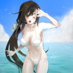  1girl arm_up bikini bird breasts brown_eyes brown_hair cleavage cloud clouds cute face final_fantasy final_fantasy_vii halterneck highres large_breasts lens_flare long_hair mound_of_venus navel ocean open_mouth parted_lips sky smile solo splash splashing square_enix swimsuit tifa_lockhart very_long_hair water white_bikini wince wink 