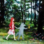  big_bad_wolf butterfly flower forest grimm's_fairy_tales hoodie little_red_riding_hood little_red_riding_hood_(grimm) nature yuuko_(artist) yuuko_(nora0x0) 