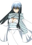  breasts cleavage go-go gogochi highres japanese_clothes kimono long_hair nurarihyon_no_mago sash scarf simple_background solo striped striped_scarf yellow_eyes yuki_onna_(nurarihyon_no_mago) 