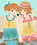  :o bare_shoulders blush bow brown_eyes brown_hair hair_ribbon hand_holding hat hirasawa_ui hirasawa_yui holding_hands jewelry k-on! necklace open_mouth pantyhose ponytail ribbon short_hair siblings star tank_top 