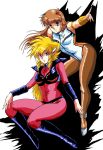  80s blonde_hair blush bodysuit boots brown_hair crossover dangaioh dangaiou fight!_iczer-1 iczer-1 legs leotard long_hair mia_alice multiple_girls oldschool pantyhose rx92 tatakae!!_iczer-1 