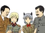  animal_ears black_hair blonde_hair blush cat_ears crapgame cross erica_hartmann facial_hair grey_hair iron_cross joseph_stalin medal military military_uniform multicolored_hair mustache sanya_v_litvyak star strike_witches two-tone_hair uniform 