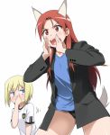  2girls angry animal_ears blazer blonde_hair blue_eyes blush erica_hartmann germany joachim_low long_hair minna-dietlinde_wilcke multiple_girls open_mouth red_eyes red_hair redhead short_hair shouting soccer_uniform sports_uniform sportswear strike_witches sweat tail world_cup youkan 