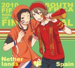  bandana brown_eyes brown_hair flag headband horn_(instrument) koizumi_itsuki kyon kzr_(siesta) male megaphone netherlands scarf short_hair spain suzumiya_haruhi_no_yuuutsu vuvuzela world_cup 