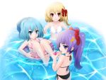  alternate_hairstyle barefoot bikini blonde_hair blue_eyes blue_hair bow cirno crescent crescent_moon drink flandre_scarlet hair_bow highres innertube keito_(pixiv) long_hair multiple_girls patchouli_knowledge ponytail purple_eyes purple_hair red_eyes short_hair side_ponytail submerged swimsuit touhou v violet_eyes wading water 