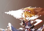  blonde_hair cape capelet fingerless_gloves frills gathers gloves hair_over_one_eye mitsusaka_mitsumi simple_background solo string touhou 