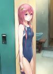  against_wall aoten bare_shoulders blush competition_swimsuit hair_ornament locker locker_room long_hair looking_at_viewer one-piece_swimsuit pink_hair purple_eyes solo standing swimsuit violet_eyes 