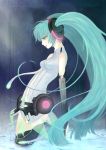  1girl absurdres aqua_eyes aqua_hair bad_id bridal_gauntlets hatsune_miku hatsune_miku_(append) highres ladybird8n long_hair miku_append navel necktie profile solo thighhighs twintails very_long_hair vocaloid vocaloid_append 