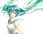  green_eyes green_hair hatsune_miku long_hair necktie simple_background solo tsurumi_(pixiv233690) twintails very_long_hair vocaloid 