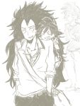  bardock black_hair brothers brown casual dragon_ball dragon_ball_z lemon_nosashim long_hair monochrome raditz siblings simple_background smile son_goku son_gokuu v white_background young 