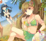  ball beach bikini blue_eyes blue_hair breasts brown_hair cleavage crossed_legs drinking hair_ornament halterneck leaf legs long_hair ocean open_mouth original pinebird sitting skirt smile swimsuit volleyball wristband yellow_eyes 