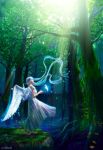  barefoot blue_hair dress flower long_hair original sunlight takashi_mare tree water wings 