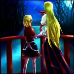 aoha_yuuki arm_holding back bad_id blonde_hair bridge hand_on_hip horn hoshiguma_yuugi lake long_skirt mizuhashi_parsee moon multiple_girls night night_sky sakazuki skirt sky standing touching touhou yuri