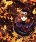  bad_id blue_eyes bow butterfly elbow_gloves eva_beatrice flower from_above gloves hat looking_up orange_hair ribbon rose solo sparkle staff umineko_no_naku_koro_ni 
