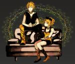  blonde_hair blue_eyes couch hair_ornament hair_ribbon hairclip kagamine_len kagamine_rin ribbon short_hair siblings sitting tsuyuxxx twins vocaloid 