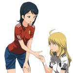  2girls a1 ahoge blonde_hair blue_eyes blue_hair germany green_eyes hair_ornament hoshii_miki idolmaster idolmaster_dearly_stars jersey long_hair mizutani_eri multiple_girls simple_background soccer_uniform spain sweat world_cup 