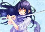  japanese_clothes katana long_hair nurarihyon_no_mago open_mouth purple_hair ringed_eyes scarf solo striped striped_scarf sword w-field weapon yellow_eyes yuki_onna_(nurarihyon_no_mago) 