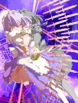  braid danmaku fueiku garters glowing glowing_eyes hair_ribbon izayoi_sakuya knife maid pocket_watch red_eyes ribbon silver_hair solo thigh-highs thighhighs touhou twin_braids watch 