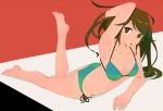  :o arm_support arm_up barefoot bikini breasts brown_eyes brown_hair cleavage face feet halterneck hands leg_up long_hair looking_back lying on_stomach original side-tie_bikini solo swimsuit tomioka_jirou 