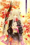  byakuya_zaushi flower hair_ornament holding japanese_clothes kimono leaf long_hair obi official_art solo spider_lily tooko_miyagi tree white_hair wide_sleeves yellow_eyes 