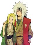  1girl blonde_hair blush breasts brown_eyes cleavage couple facepaint facial_mark fishnets forehead_mark forehead_protector hand_on_hip hand_on_shoulder height_difference japanese_clothes jiraiya long_hair naruto simple_background tamagokara tsunade white_hair 