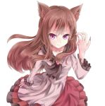  1girl animal_ears brooch brown_hair dress fingernails imaizumi_kagerou jewelry long_fingernails long_hair long_sleeves nikkunemu red_eyes simple_background smile solo touhou very_long_hair white_background wide_sleeves wolf_ears 