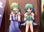 bare_legs closed_eyes detached_sleeves eating food green_hair heterochromia kochiya_sanae long_skirt lzh multiple_girls noodles sitting skirt smile soba tatara_kogasa tears touhou