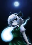  @shton blue_eyes dress full_moon ghost grey_hair hair_ribbon hairband highres konpaku_youmu konpaku_youmu_(ghost) moon myon night ribbon short_hair solo sword touhou weapon 