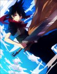  1boy black_hair red_eyes ross_(senyuu) scarf sen&#039;yuu. sky sword weapon yuuki_sawano 