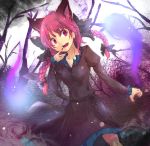  bad_id bare_tree bow braid breasts cat_ears claws colored_eyelashes dress extra_ears eyelashes fang fingernails ghost glowing hair_bow hair_ribbon hato_satobeni hitodama kaenbyou_rin red_eyes red_hair redhead ribbon slit_pupils smile solo touhou tree twin_braids twintails 