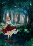  ahoge blonde_hair butterfly dress dress_lift forest glowing grass hairband highres leaf nature original pisuke plant reflection ripples slip_skirt solo tree wading water 