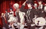  black_dress chain_sumeragi character_request cigar confetti dress formal highres jacket_on_shoulders kekkai_sensen leonardo_watch ng_(chaoschyan) suit walking zap_renfro 