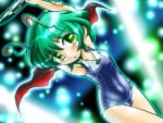  arms_up blush cape dutch_angle electric_wind_instrument green_eyes green_hair instrument one-piece_swimsuit school_swimsuit short_hair solo swimsuit touhou winn wriggle_nightbug 
