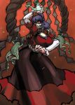 action angry blue_hair breasts crazy_eyes eating frog hairband large_breasts long_skirt necklace rope shide skirt solo torn_clothes touhou yasaka_kanako