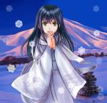  fuji green_eyes hands_clasped hands_together japanese_clothes kimono kinako15 long_hair mount_fuji nurarihyon_no_mago scarf snowflakes solo striped striped_scarf yuki_onna_(nurarihyon_no_mago) 