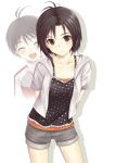  antenna_hair arms_behind_back black_eyes black_hair closed_eyes collarbone dual_persona hoodie idolmaster idolmaster_2 jacket kikuchi_makoto kisugi_akira leaning_forward polka_dot raglan_sleeves short_hair shorts smile 