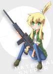  blonde_hair crosshair green_eyes gun high_ponytail iris_(material_sniper) material_sniper msg-90 ponytail psg-1 rifle sleeves_rolled_up sniper_rifle solo weapon 