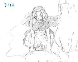  clenched_hand graphite_(medium) grin hood kumoi_ichirin monochrome sketch smile touhou traditional_media unzan zeni 