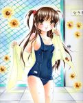  brown_eyes brown_hair flower long_hair school_swimsuit sunflower swimsuit tolion2228 towel traditional_media twintails wet 