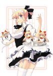  alternate_costume alternate_hairstyle apron blonde_hair blue_eyes blush bow bowtie breasts cake cleavage doll enmaided face food frills garter_straps hair_bow highres maid no_nose ponytail shanghai shanghai_doll short_hair short_ponytail spill stare tea tea_set thigh-highs thighhighs touhou tray uro wide-eyed 