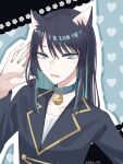  1girl absurdres ado_(utaite) animal_ear_fluff animal_ears bell black_hair black_jacket blue_collar blue_eyes blue_hair cat_ears cat_girl chando_(ado) cloud_nine_inc collar colored_inner_hair commentary_request hair_between_eyes hand_up heart highres jacket kemonomimi_mode long_hair long_sleeves looking_at_viewer multicolored_hair neck_bell outline slit_pupils solo tsukuno_tsuki twitter_username two-tone_hair upper_body utaite white_outline 