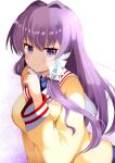  1girl blush clannad closed_mouth commentary_request floating_hair fujibayashi_kyou hair_between_eyes hair_intakes hair_ribbon hand_up hidaka0503 hikarizaka_private_high_school_uniform long_hair long_sleeves looking_at_viewer purple_hair ribbon sailor_collar school_uniform sidelocks simple_background smile solo upper_body very_long_hair violet_eyes white_background white_ribbon white_sailor_collar wide_sleeves 