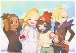  2boys 2girls :d ;d ahoge arms_behind_head beanie black_pants black_shirt blonde_hair bracelet braid clenched_hand closed_eyes commentary_request dark-skinned_male dark_skin ear_piercing eyelashes fanny_pack gladion_(pokemon) green_shorts hair_over_one_eye hat hau_(pokemon) holding holding_poke_ball hood hood_down hooded_vest hoodie jewelry lillie_(pokemon) long_hair miu_(miuuu_721) multiple_boys multiple_girls one_eye_closed open_mouth pants piercing pleated_skirt poke_ball poke_ball_(basic) pokemon pokemon_sm red_bag red_headwear selene_(pokemon) shirt short_hair short_sleeves shorts signature skirt smile t-shirt teeth tied_shirt upper_teeth_only vest white_shirt white_skirt yellow_shirt 