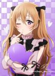  1girl blush commentary_request cooking_with_love heart highres holding jirai_kei konoe_kanata long_hair looking_at_viewer love_live! love_live!_nijigasaki_high_school_idol_club one_eye_closed orange_hair purple_background ric_(fwpbox) signature solo twitter_username two_side_up violet_eyes wavy_hair 